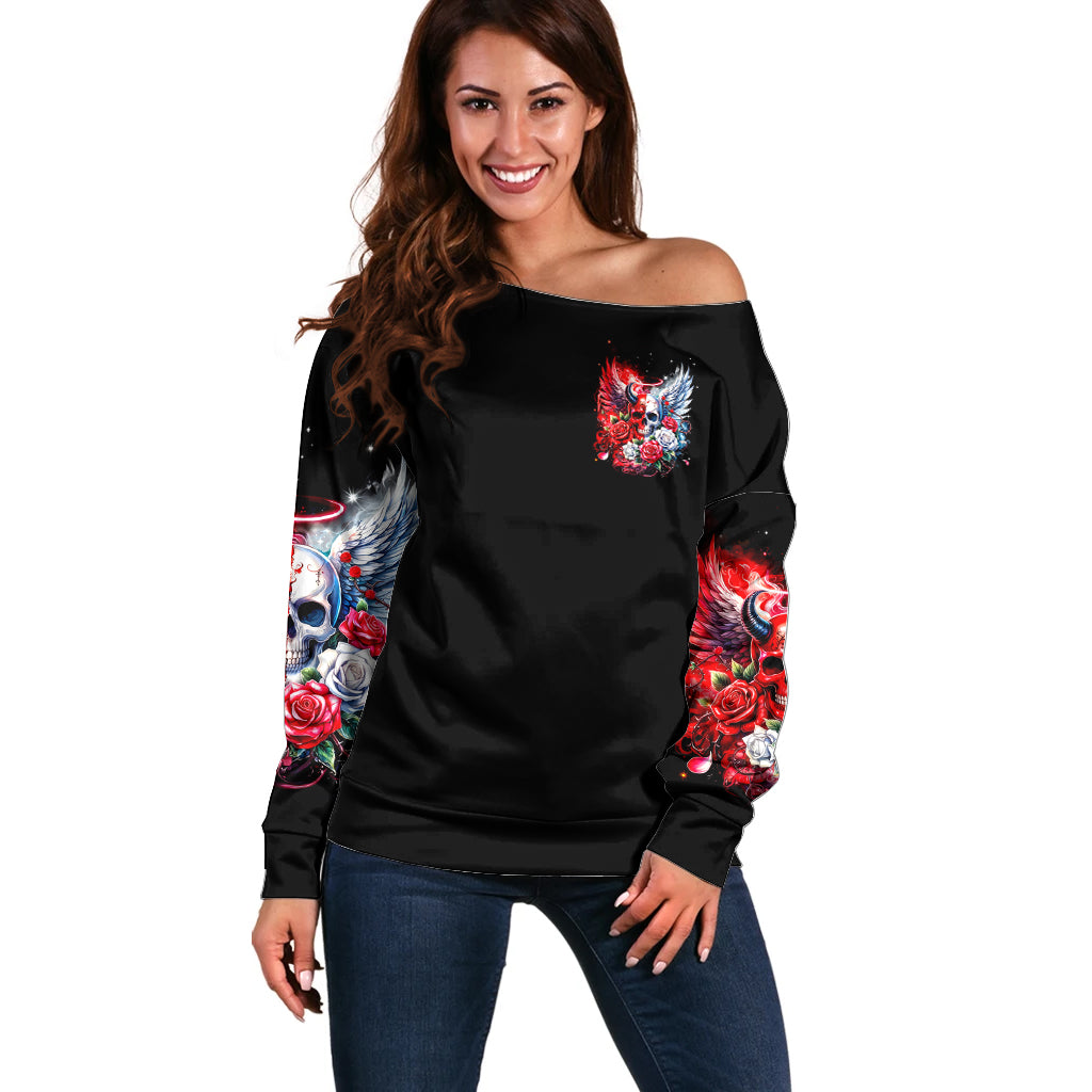 Evil Angel Skull Off Shoulder Sweater Heaven Don't Want Me And Hell Afraid - Wonder Print Shop