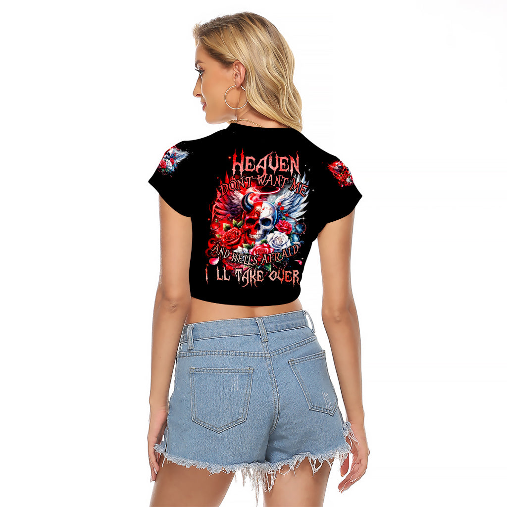 Evil Angel Skull Raglan Cropped T Shirt Heaven Don't Want Me And Hell Afraid - Wonder Print Shop