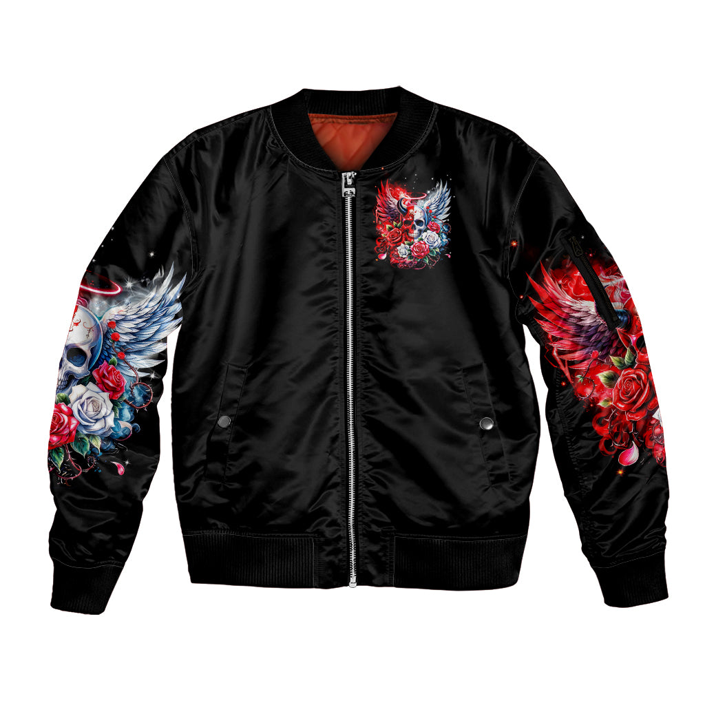 Evil Angel Skull Sleeve Zip Bomber Jacket Heaven Don't Want Me And Hell Afraid - Wonder Print Shop