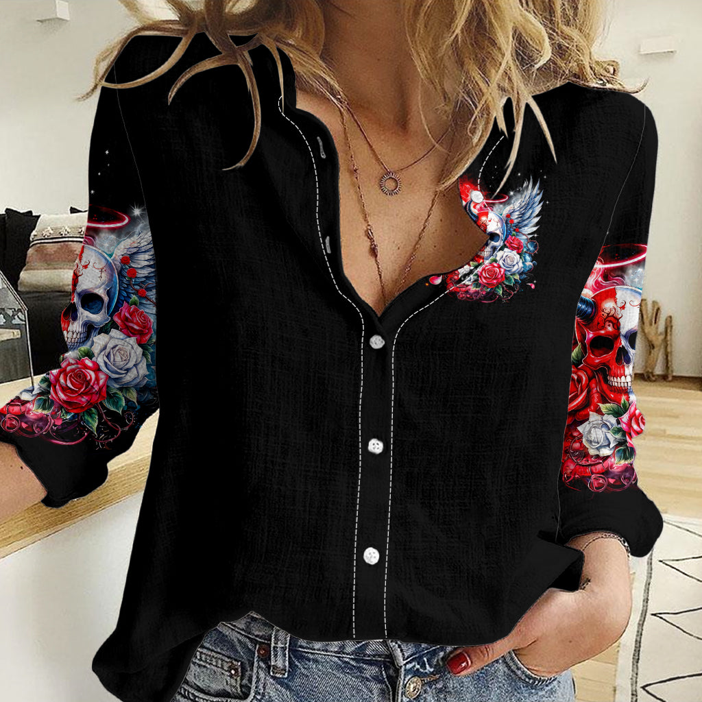 Evil Angel Skull Women Casual Shirt Heaven Don't Want Me And Hell Afraid - Wonder Print Shop