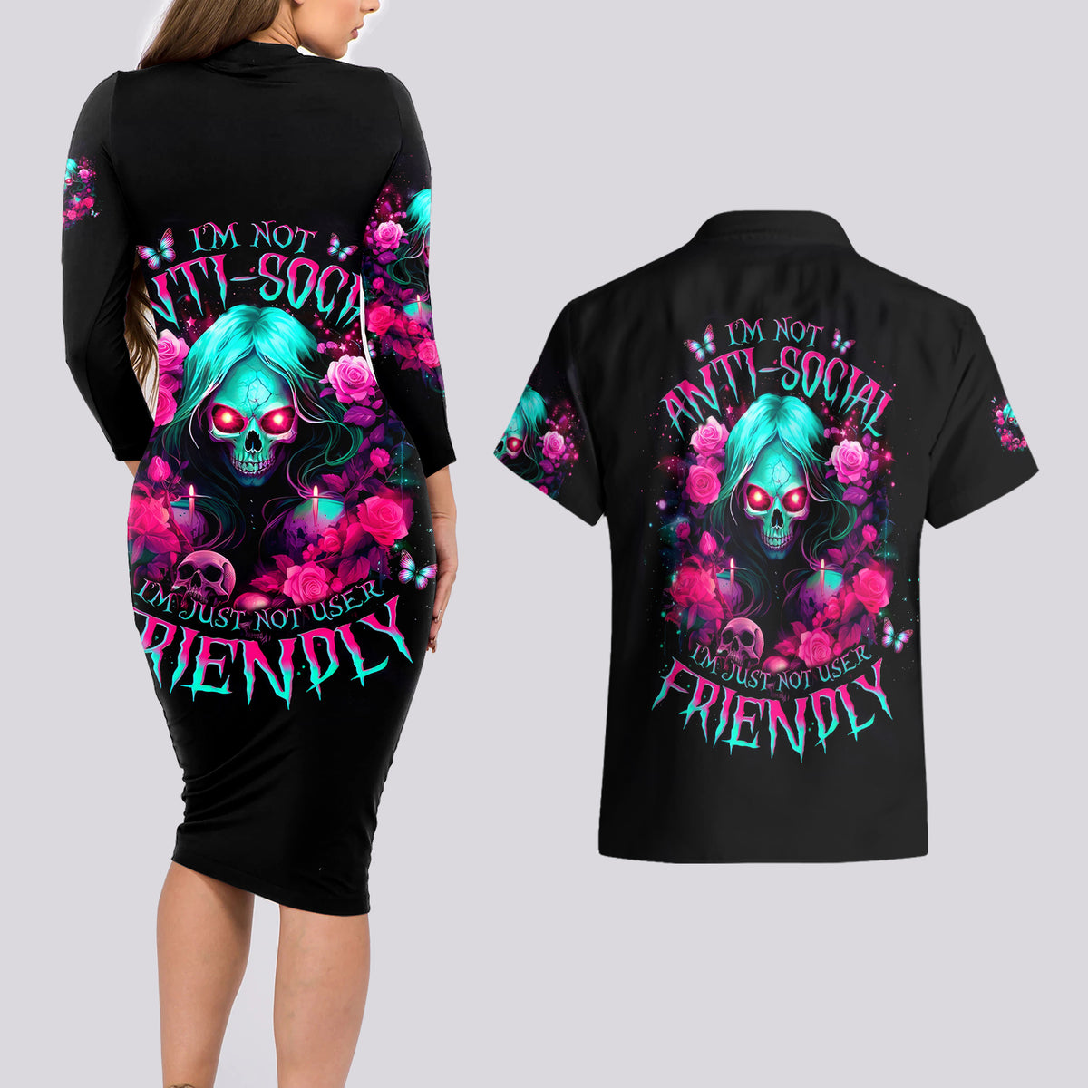 Rose Skull Couples Matching Long Sleeve Bodycon Dress and Hawaiian Shirt I'm Not Anti-Social I'm Just Not User Friendly - Wonder Print Shop