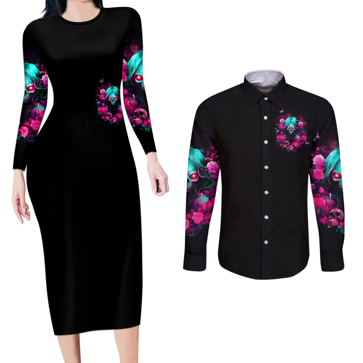 Rose Skull Couples Matching Long Sleeve Bodycon Dress and Long Sleeve Button Shirt I'm Not Anti-Social I'm Just Not User Friendly - Wonder Print Shop