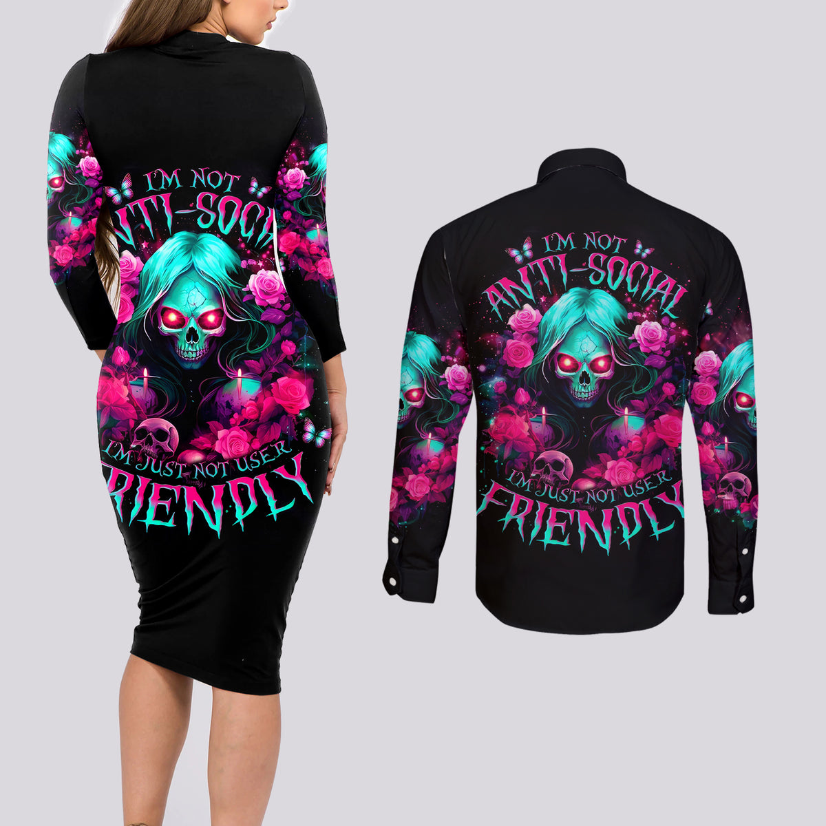 Rose Skull Couples Matching Long Sleeve Bodycon Dress and Long Sleeve Button Shirt I'm Not Anti-Social I'm Just Not User Friendly - Wonder Print Shop
