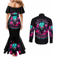 Rose Skull Couples Matching Mermaid Dress and Long Sleeve Button Shirt I'm Not Anti-Social I'm Just Not User Friendly