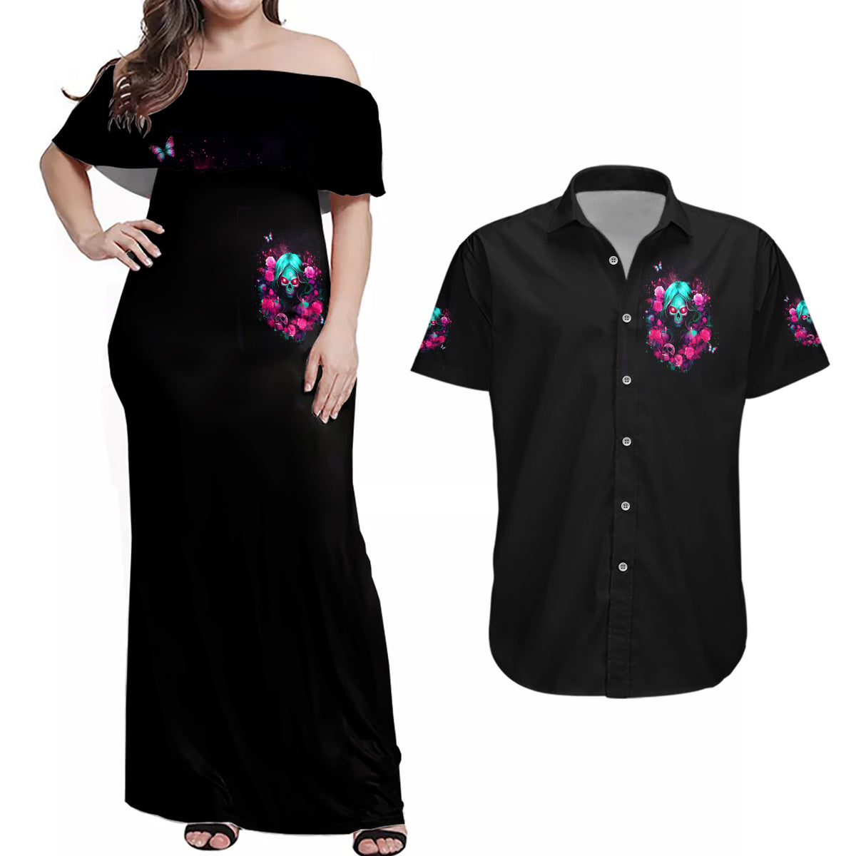 Rose Skull Couples Matching Off Shoulder Maxi Dress and Hawaiian Shirt I'm Not Anti-Social I'm Just Not User Friendly - Wonder Print Shop