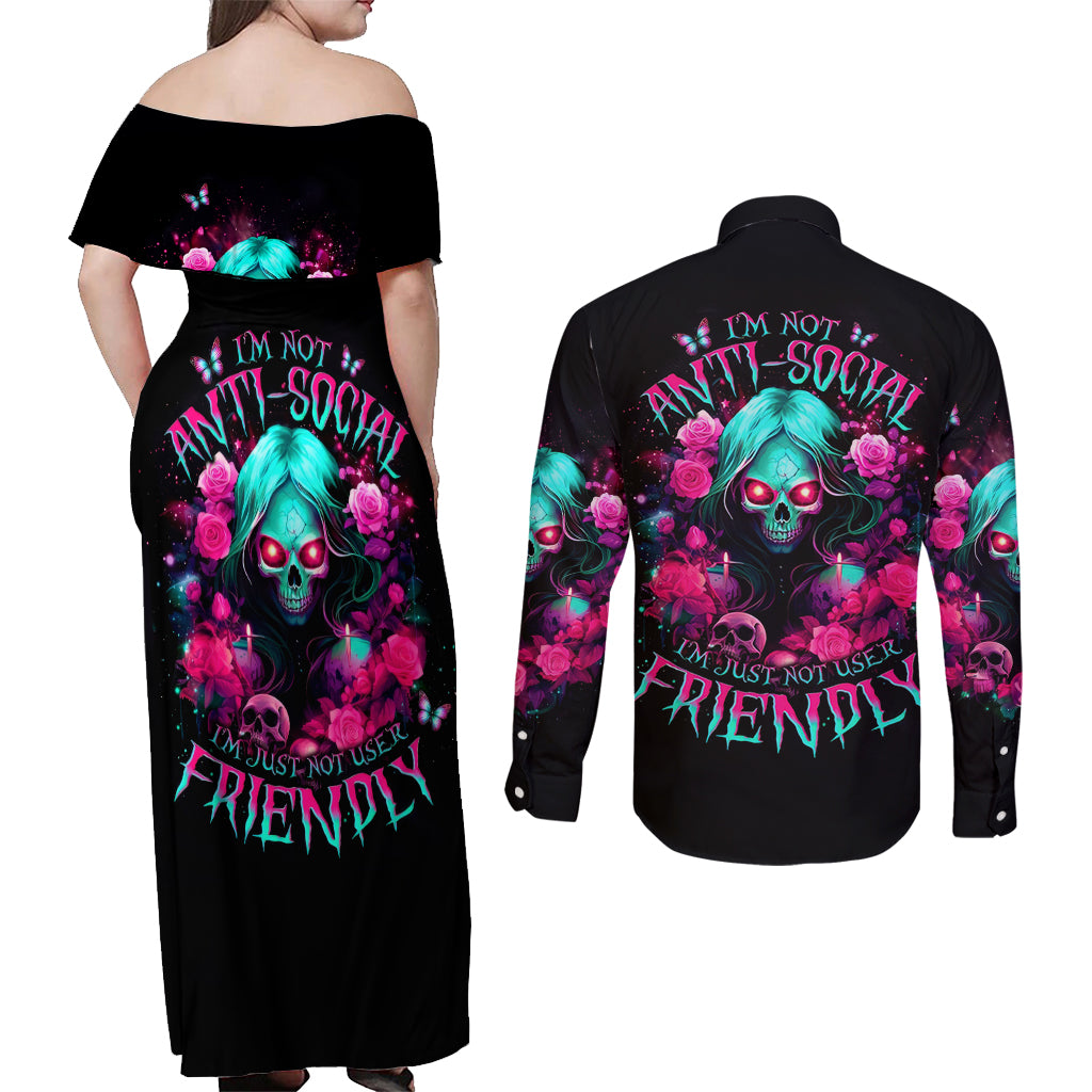 Rose Skull Couples Matching Off Shoulder Maxi Dress and Long Sleeve Button Shirt I'm Not Anti-Social I'm Just Not User Friendly - Wonder Print Shop