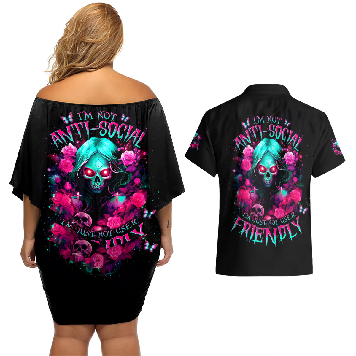 Rose Skull Couples Matching Off Shoulder Short Dress and Hawaiian Shirt I'm Not Anti-Social I'm Just Not User Friendly - Wonder Print Shop