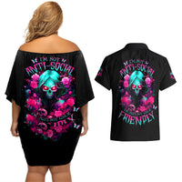 Rose Skull Couples Matching Off Shoulder Short Dress and Hawaiian Shirt I'm Not Anti-Social I'm Just Not User Friendly - Wonder Print Shop