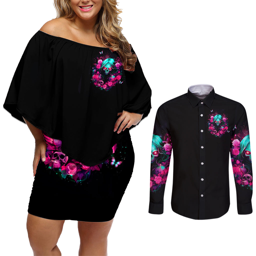Rose Skull Couples Matching Off Shoulder Short Dress and Long Sleeve Button Shirt I'm Not Anti-Social I'm Just Not User Friendly - Wonder Print Shop