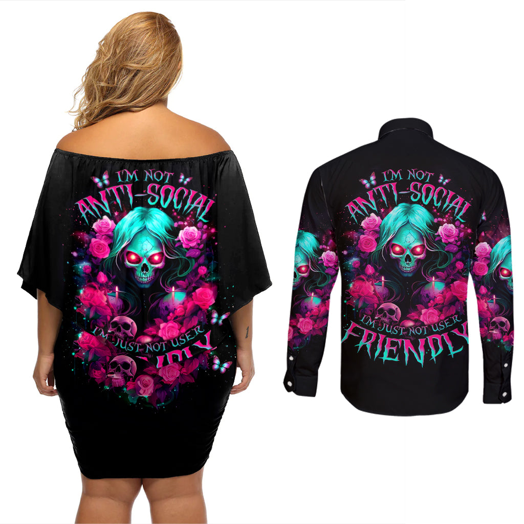 Rose Skull Couples Matching Off Shoulder Short Dress and Long Sleeve Button Shirt I'm Not Anti-Social I'm Just Not User Friendly - Wonder Print Shop