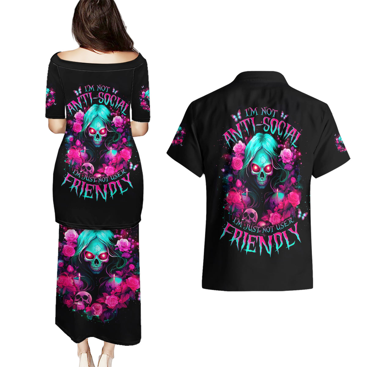 Rose Skull Couples Matching Puletasi and Hawaiian Shirt I'm Not Anti-Social I'm Just Not User Friendly - Wonder Print Shop