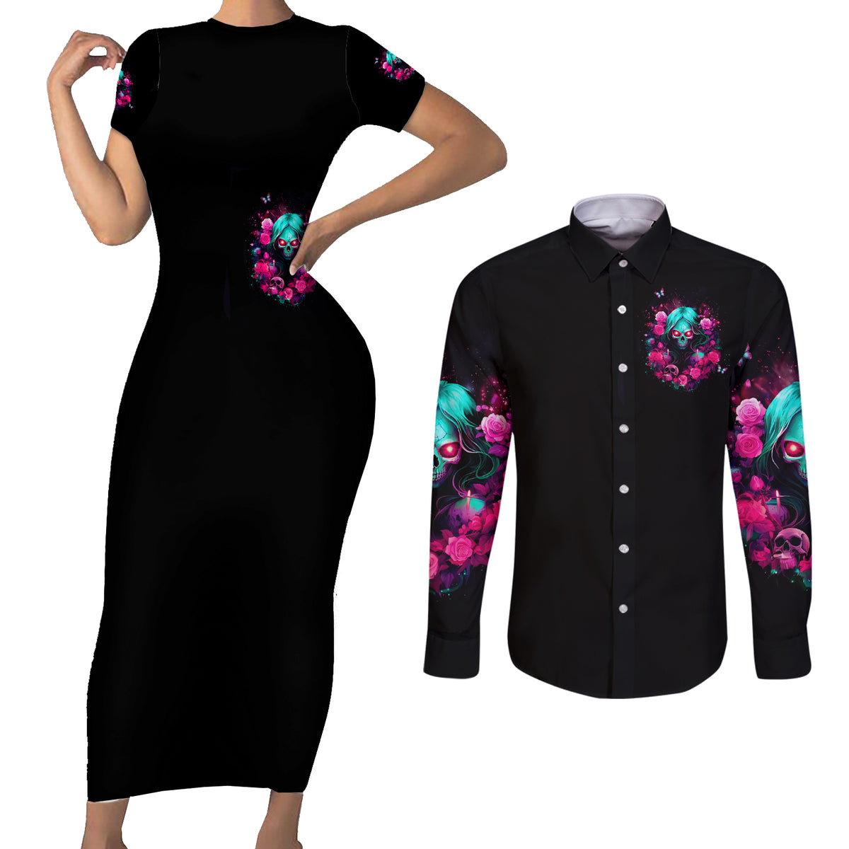 Rose Skull Couples Matching Short Sleeve Bodycon Dress and Long Sleeve Button Shirt I'm Not Anti-Social I'm Just Not User Friendly - Wonder Print Shop