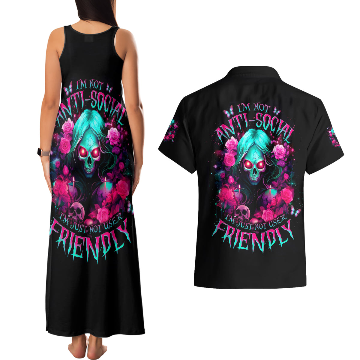 Rose Skull Couples Matching Tank Maxi Dress and Hawaiian Shirt I'm Not Anti-Social I'm Just Not User Friendly - Wonder Print Shop