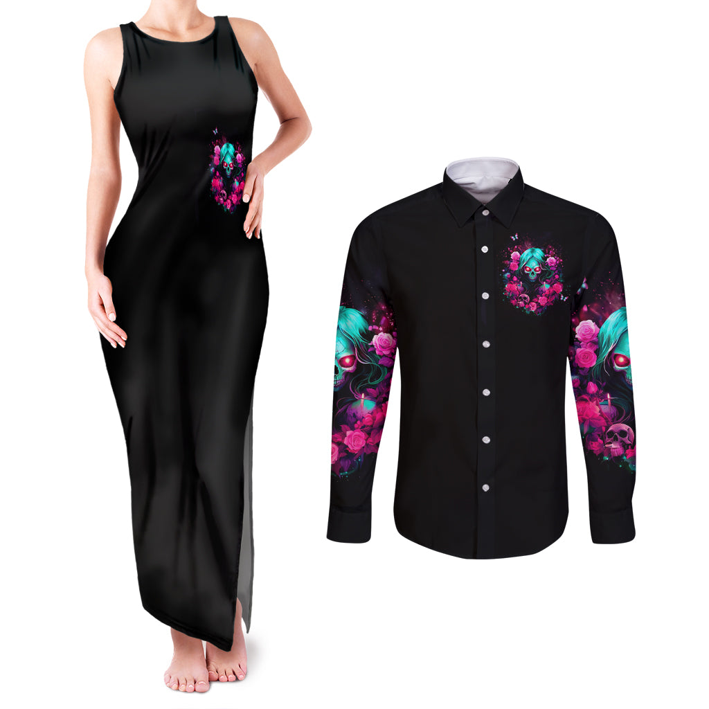 Rose Skull Couples Matching Tank Maxi Dress and Long Sleeve Button Shirt I'm Not Anti-Social I'm Just Not User Friendly - Wonder Print Shop