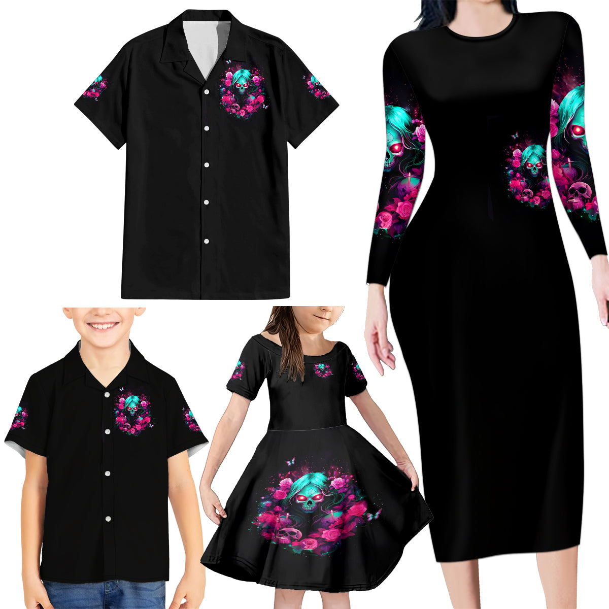 Rose Skull Family Matching Long Sleeve Bodycon Dress and Hawaiian Shirt I'm Not Anti-Social I'm Just Not User Friendly - Wonder Print Shop