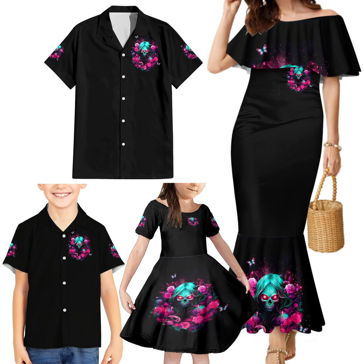 Rose Skull Family Matching Mermaid Dress and Hawaiian Shirt I'm Not Anti-Social I'm Just Not User Friendly - Wonder Print Shop