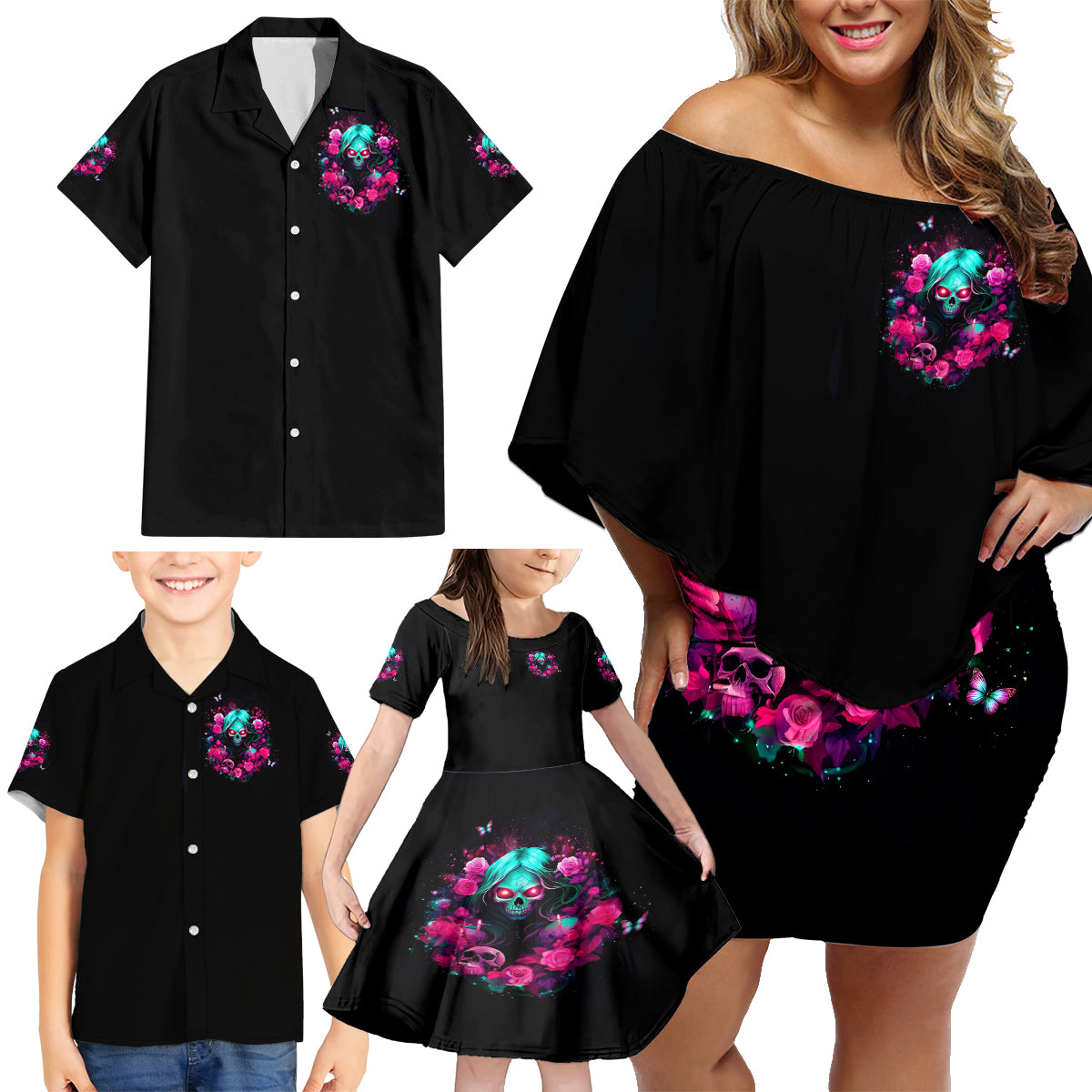 Rose Skull Family Matching Off Shoulder Short Dress and Hawaiian Shirt I'm Not Anti-Social I'm Just Not User Friendly - Wonder Print Shop