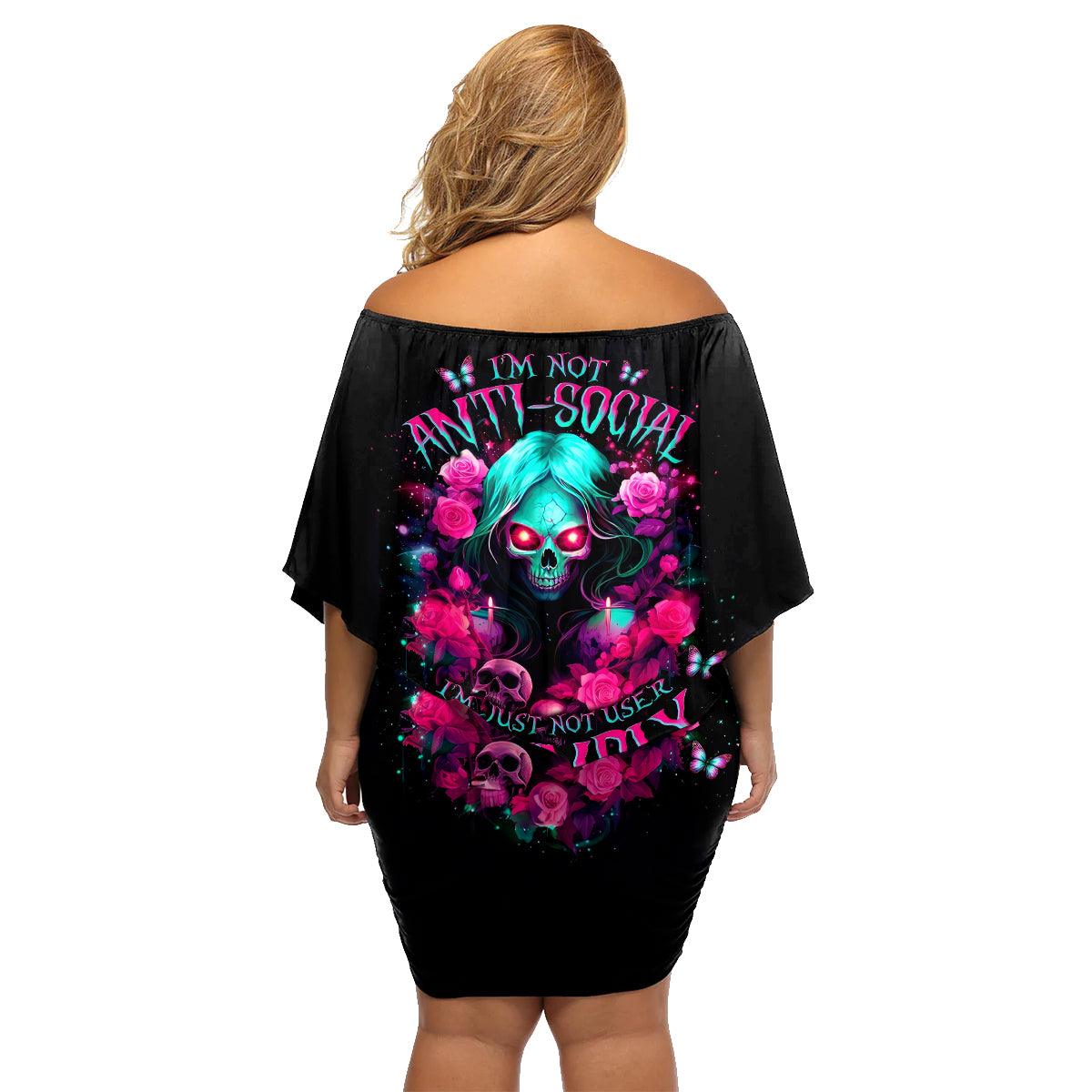 Rose Skull Family Matching Off Shoulder Short Dress and Hawaiian Shirt I'm Not Anti-Social I'm Just Not User Friendly - Wonder Print Shop