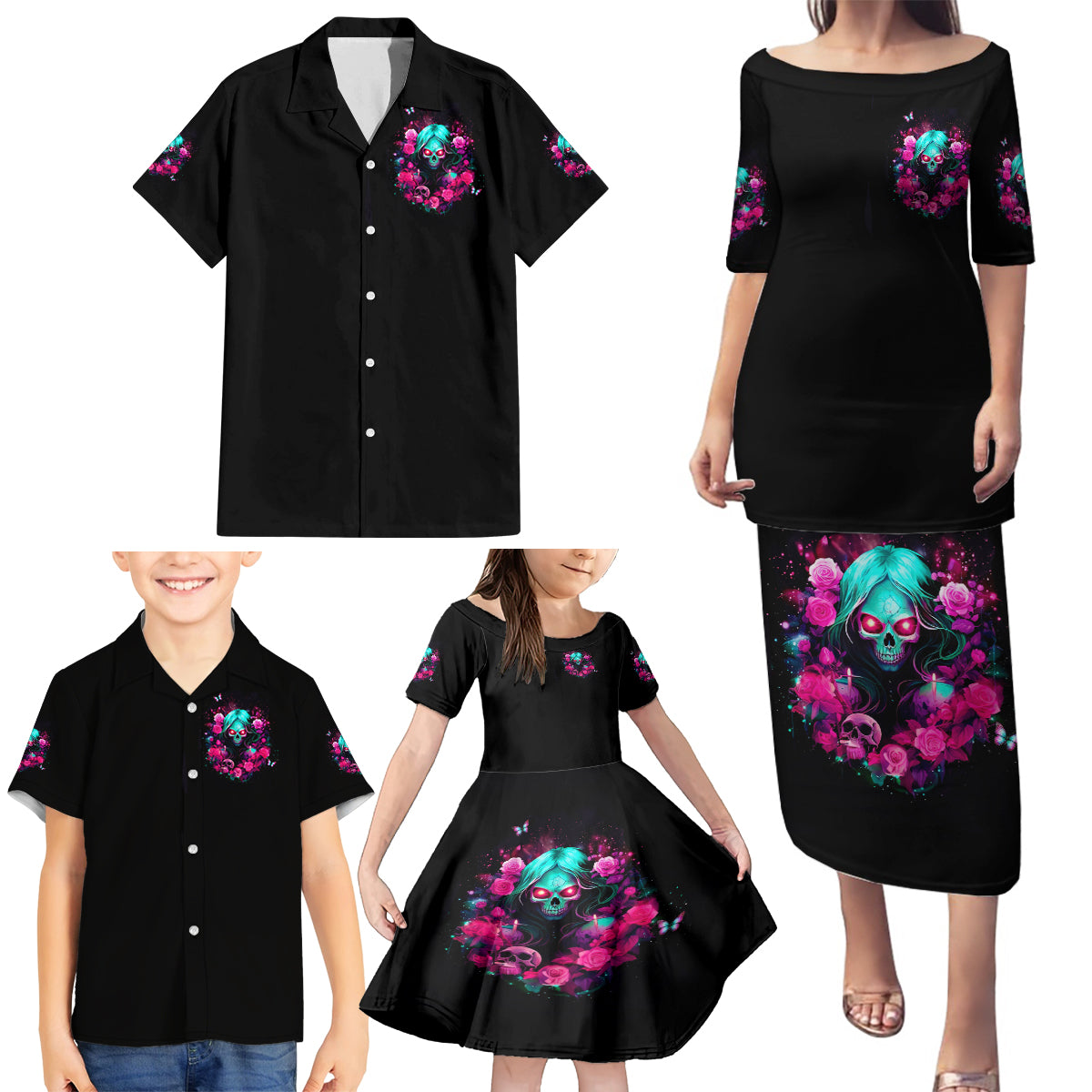 Rose Skull Family Matching Puletasi and Hawaiian Shirt I'm Not Anti-Social I'm Just Not User Friendly - Wonder Print Shop