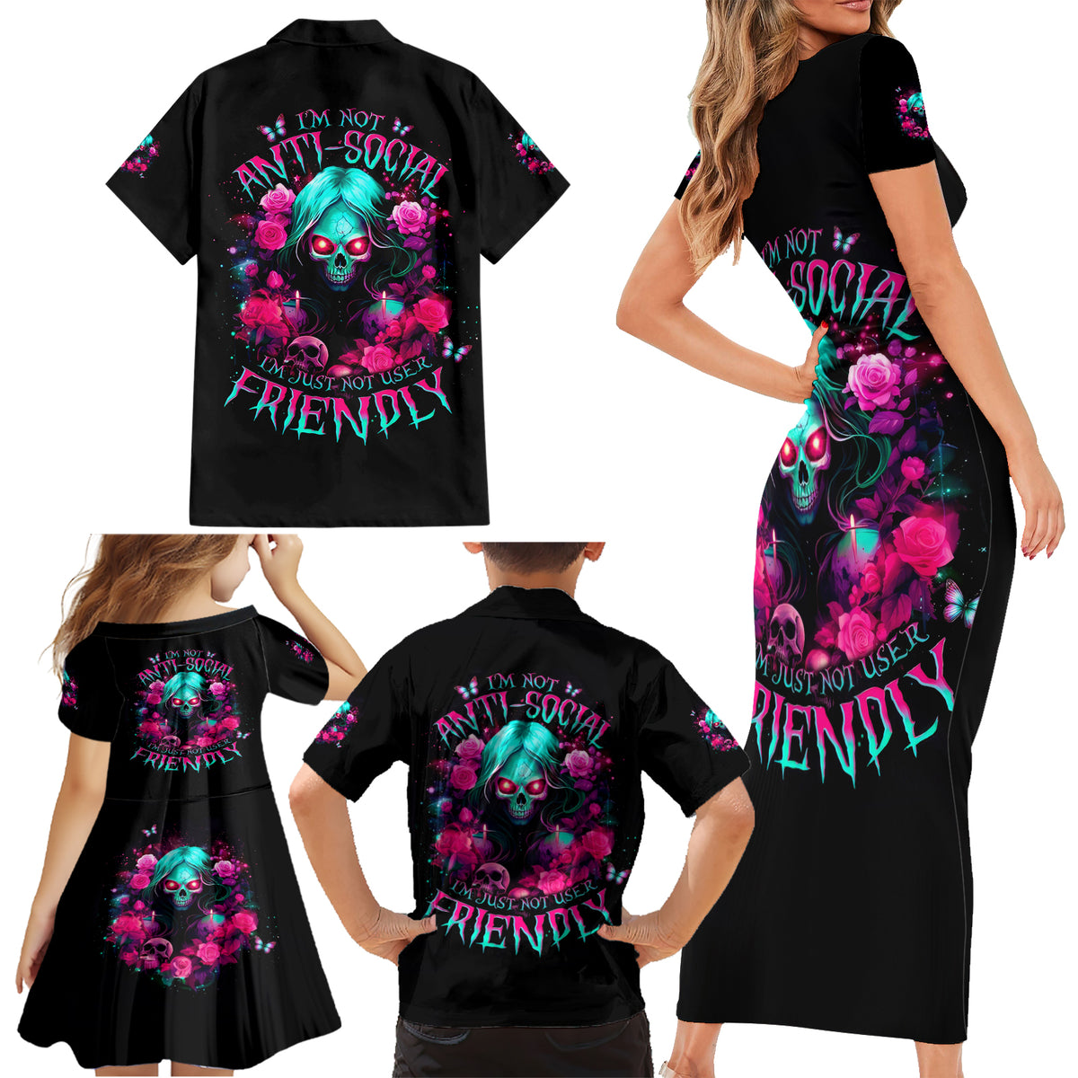 Rose Skull Family Matching Short Sleeve Bodycon Dress and Hawaiian Shirt I'm Not Anti-Social I'm Just Not User Friendly - Wonder Print Shop