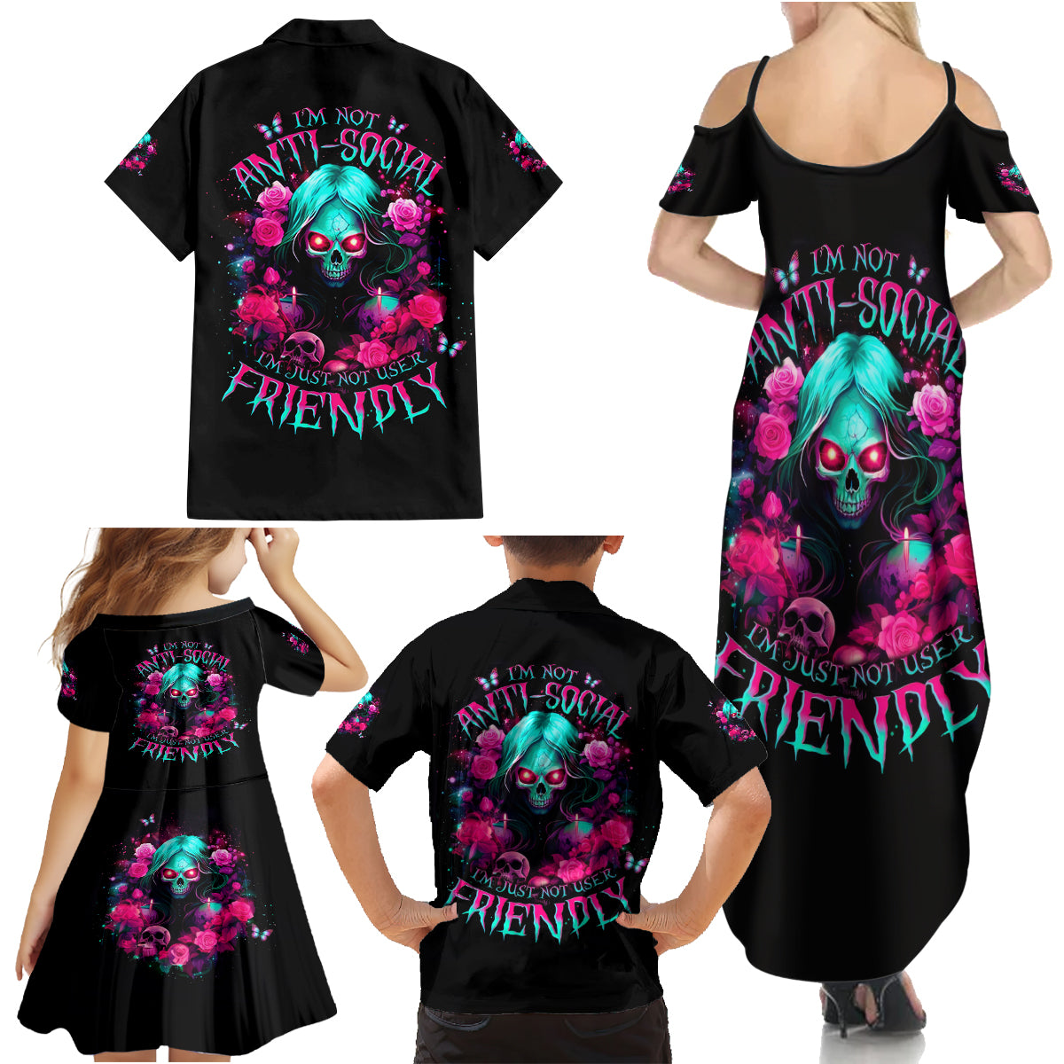 Rose Skull Family Matching Summer Maxi Dress and Hawaiian Shirt I'm Not Anti-Social I'm Just Not User Friendly - Wonder Print Shop