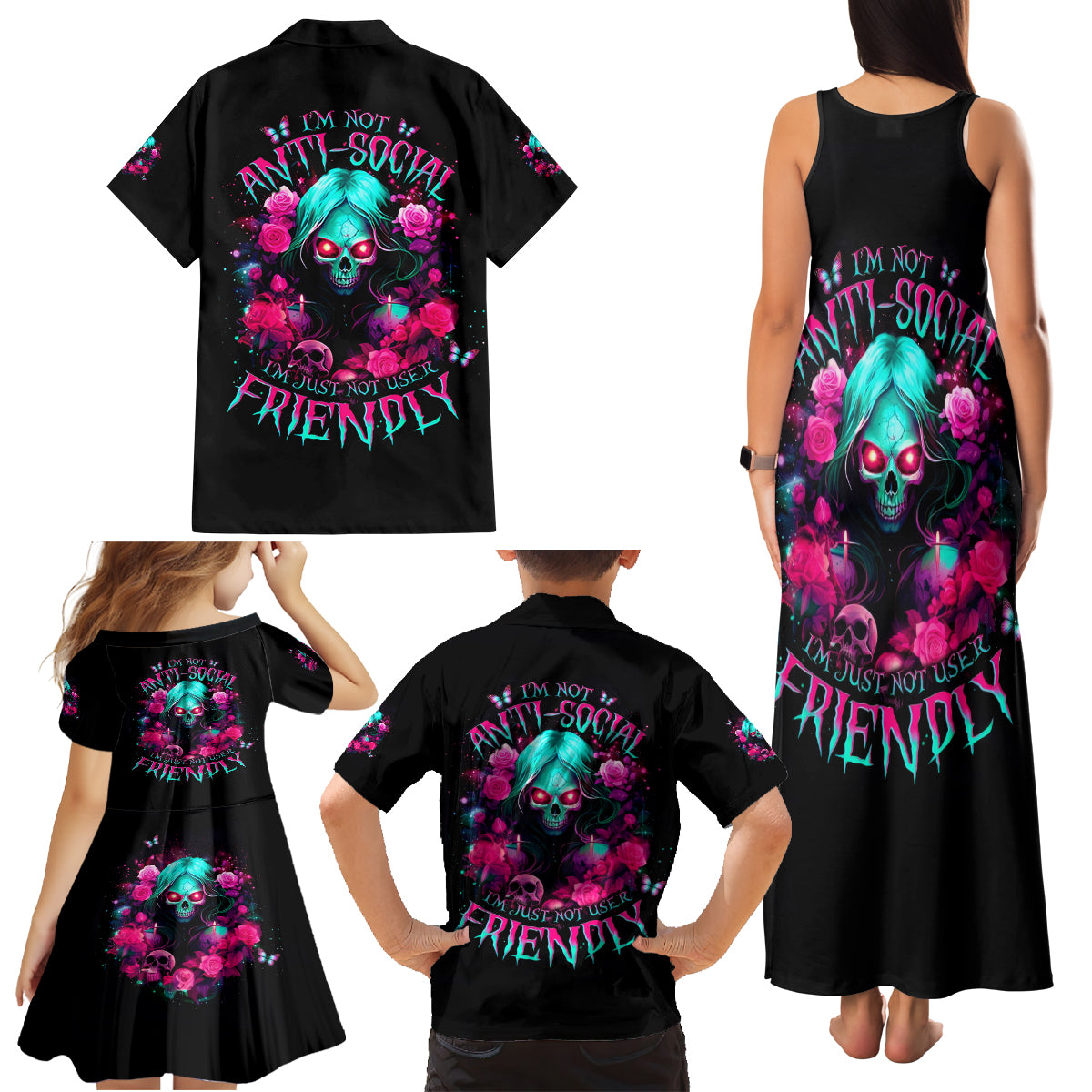 Rose Skull Family Matching Tank Maxi Dress and Hawaiian Shirt I'm Not Anti-Social I'm Just Not User Friendly - Wonder Print Shop