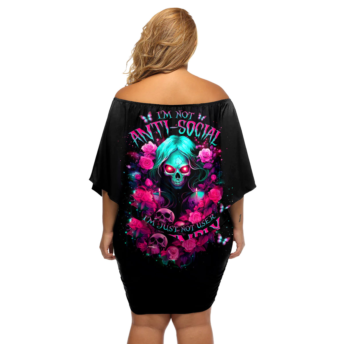 Rose Skull Off Shoulder Short Dress I'm Not Anti-Social I'm Just Not User Friendly - Wonder Print Shop