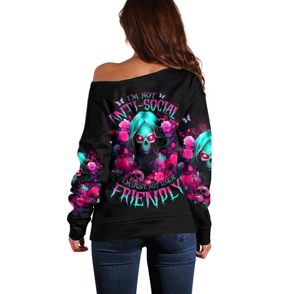 Rose Skull Off Shoulder Sweater I'm Not Anti-Social I'm Just Not User Friendly - Wonder Print Shop