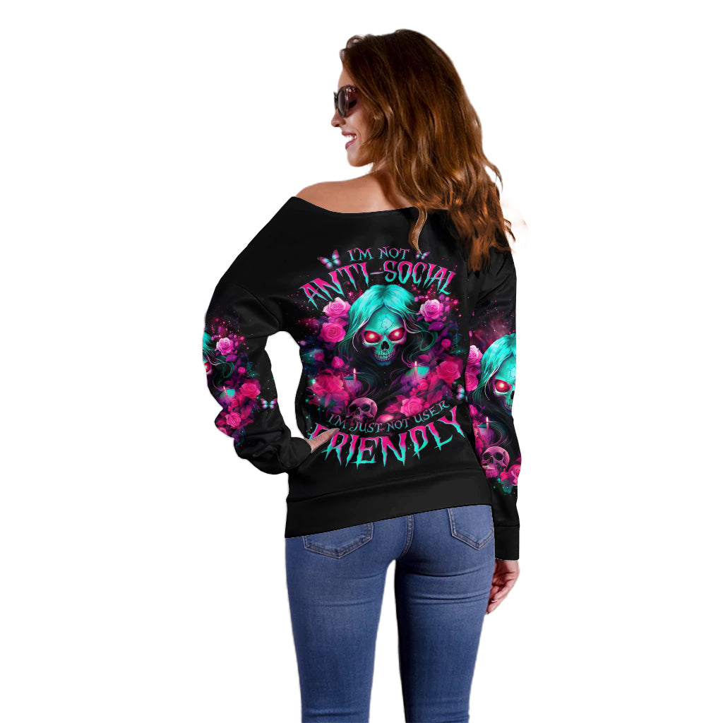 Rose Skull Off Shoulder Sweater I'm Not Anti-Social I'm Just Not User Friendly - Wonder Print Shop
