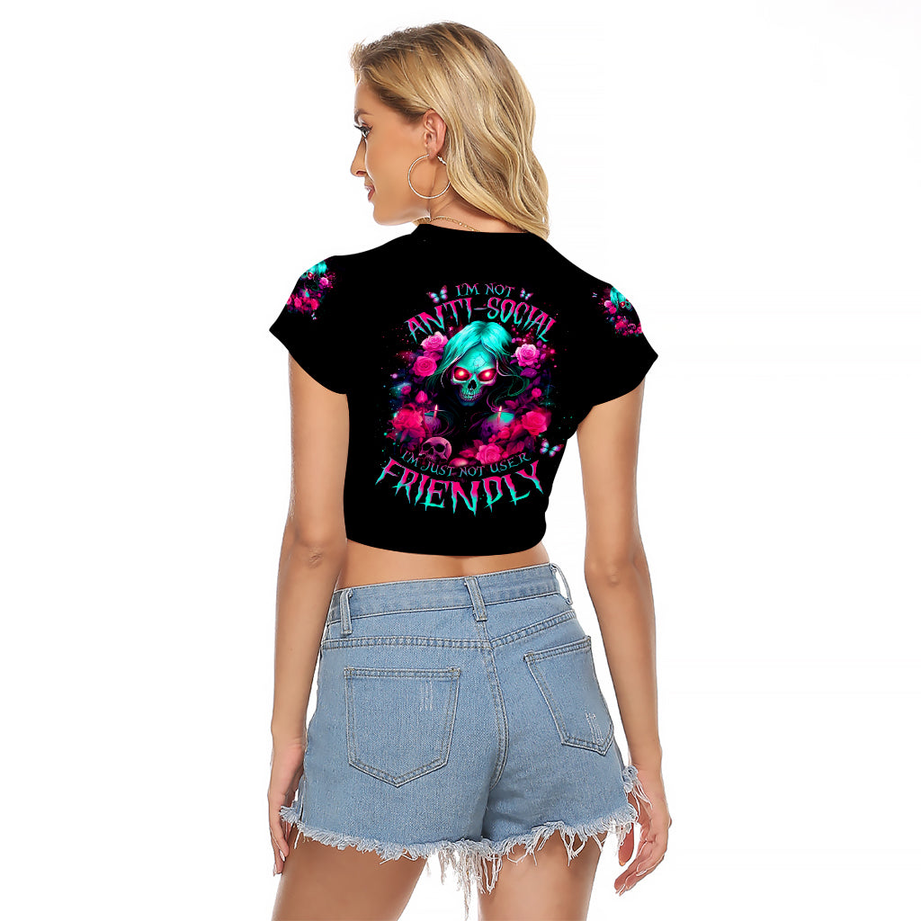 Rose Skull Raglan Cropped T Shirt I'm Not Anti-Social I'm Just Not User Friendly - Wonder Print Shop