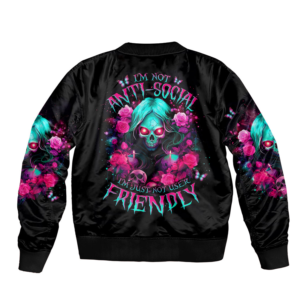 Rose Skull Sleeve Zip Bomber Jacket I'm Not Anti-Social I'm Just Not User Friendly - Wonder Print Shop