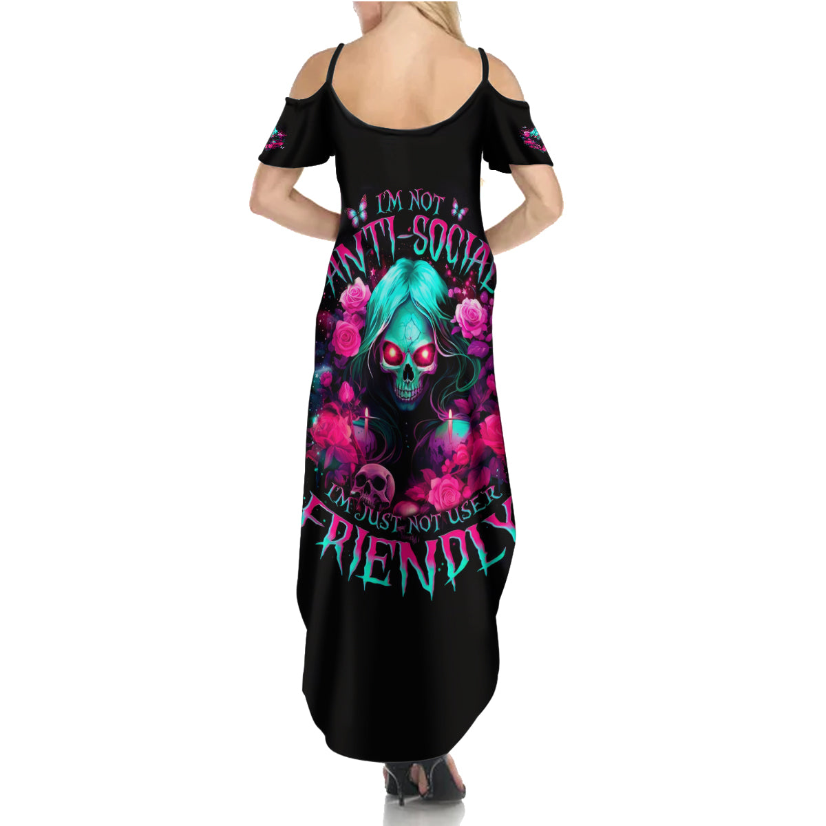 Rose Skull Summer Maxi Dress I'm Not Anti-Social I'm Just Not User Friendly - Wonder Print Shop