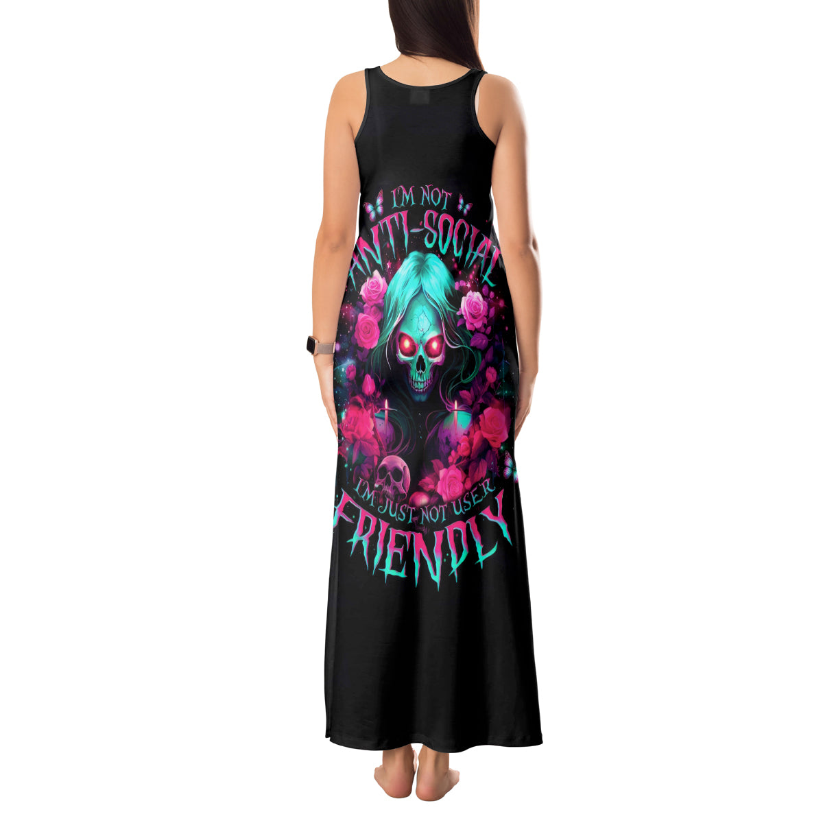 Rose Skull Tank Maxi Dress I'm Not Anti-Social I'm Just Not User Friendly - Wonder Print Shop