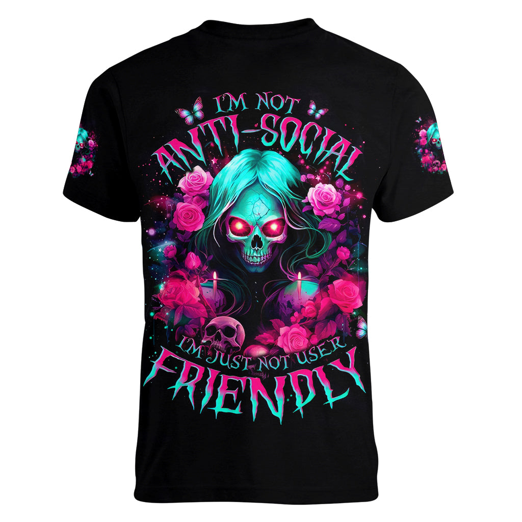 Rose Skull Women V Neck T Shirt I'm Not Anti-Social I'm Just Not User Friendly - Wonder Print Shop