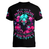 Rose Skull Women V Neck T Shirt I'm Not Anti-Social I'm Just Not User Friendly - Wonder Print Shop