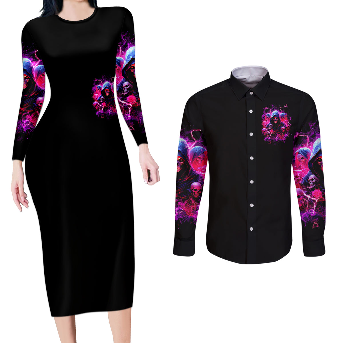 Witch Skull Couples Matching Long Sleeve Bodycon Dress and Long Sleeve Button Shirt I'm Not Anti-Social I'm Just Not User Friendly - Wonder Print Shop