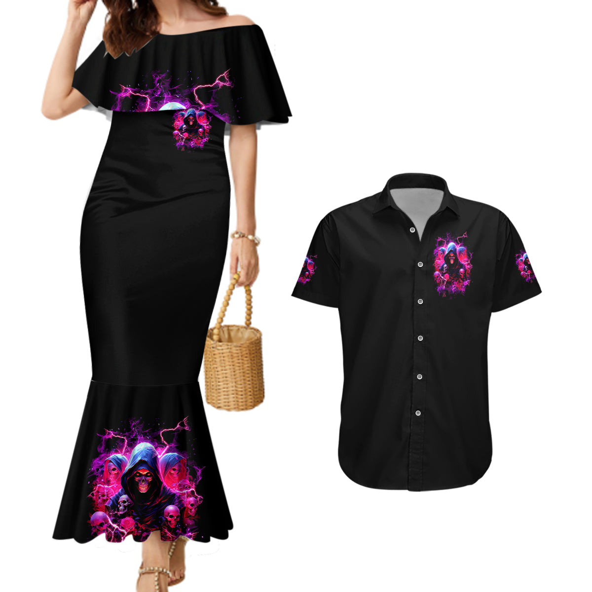 Witch Skull Couples Matching Mermaid Dress and Hawaiian Shirt I'm Not Anti-Social I'm Just Not User Friendly - Wonder Print Shop