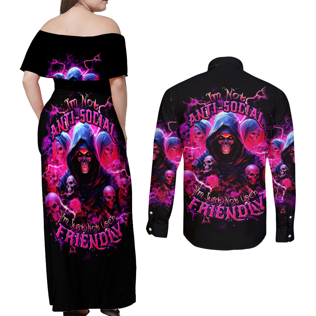Witch Skull Couples Matching Off Shoulder Maxi Dress and Long Sleeve Button Shirt I'm Not Anti-Social I'm Just Not User Friendly - Wonder Print Shop
