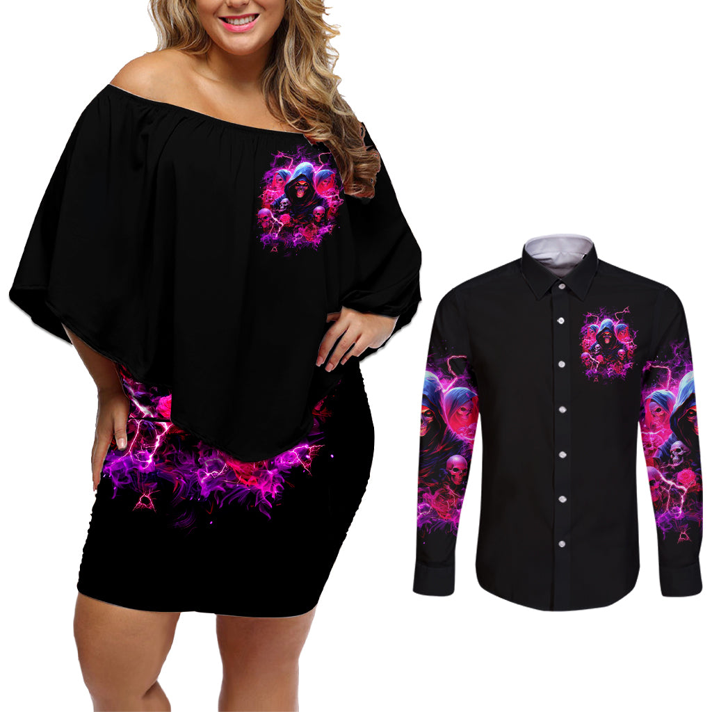 Witch Skull Couples Matching Off Shoulder Short Dress and Long Sleeve Button Shirt I'm Not Anti-Social I'm Just Not User Friendly - Wonder Print Shop