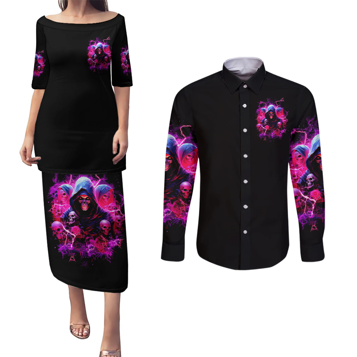 Witch Skull Couples Matching Puletasi and Long Sleeve Button Shirt I'm Not Anti-Social I'm Just Not User Friendly - Wonder Print Shop