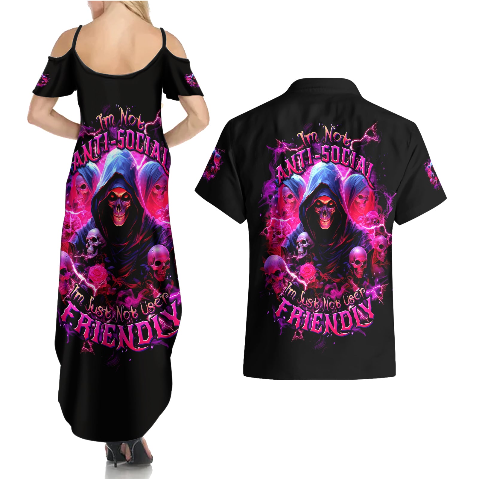 Witch Skull Couples Matching Summer Maxi Dress and Hawaiian Shirt I'm Not Anti-Social I'm Just Not User Friendly - Wonder Print Shop