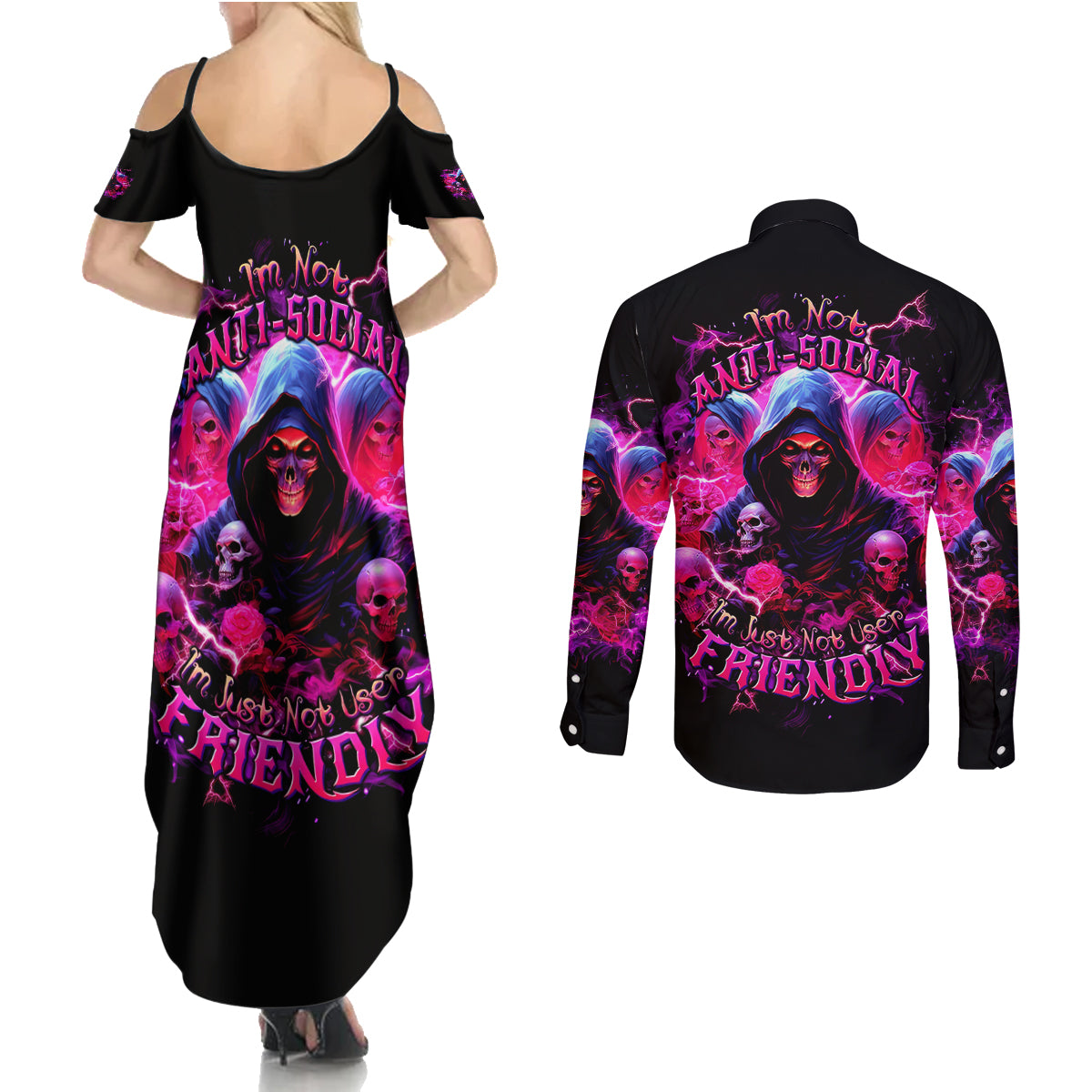 Witch Skull Couples Matching Summer Maxi Dress and Long Sleeve Button Shirt I'm Not Anti-Social I'm Just Not User Friendly - Wonder Print Shop