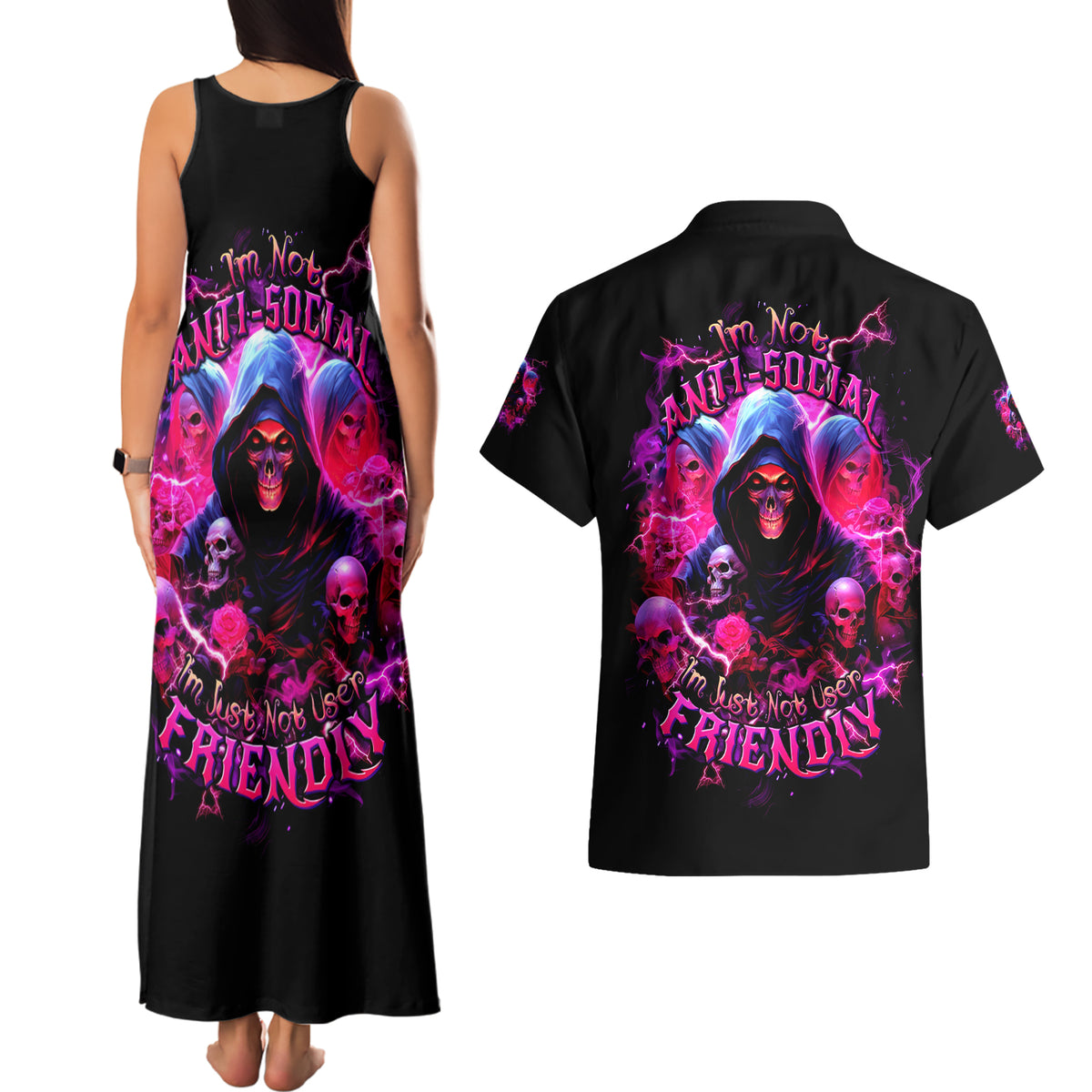 Witch Skull Couples Matching Tank Maxi Dress and Hawaiian Shirt I'm Not Anti-Social I'm Just Not User Friendly - Wonder Print Shop