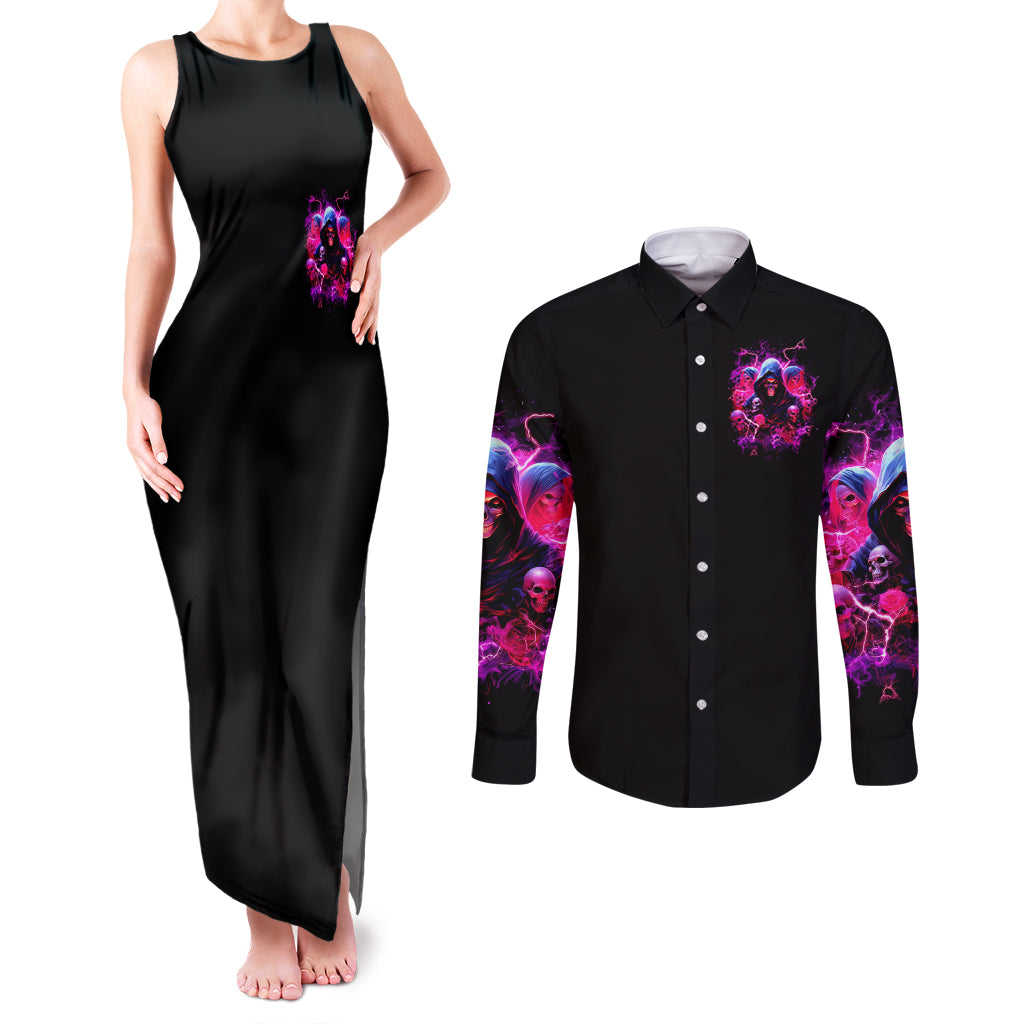 Witch Skull Couples Matching Tank Maxi Dress and Long Sleeve Button Shirt I'm Not Anti-Social I'm Just Not User Friendly - Wonder Print Shop