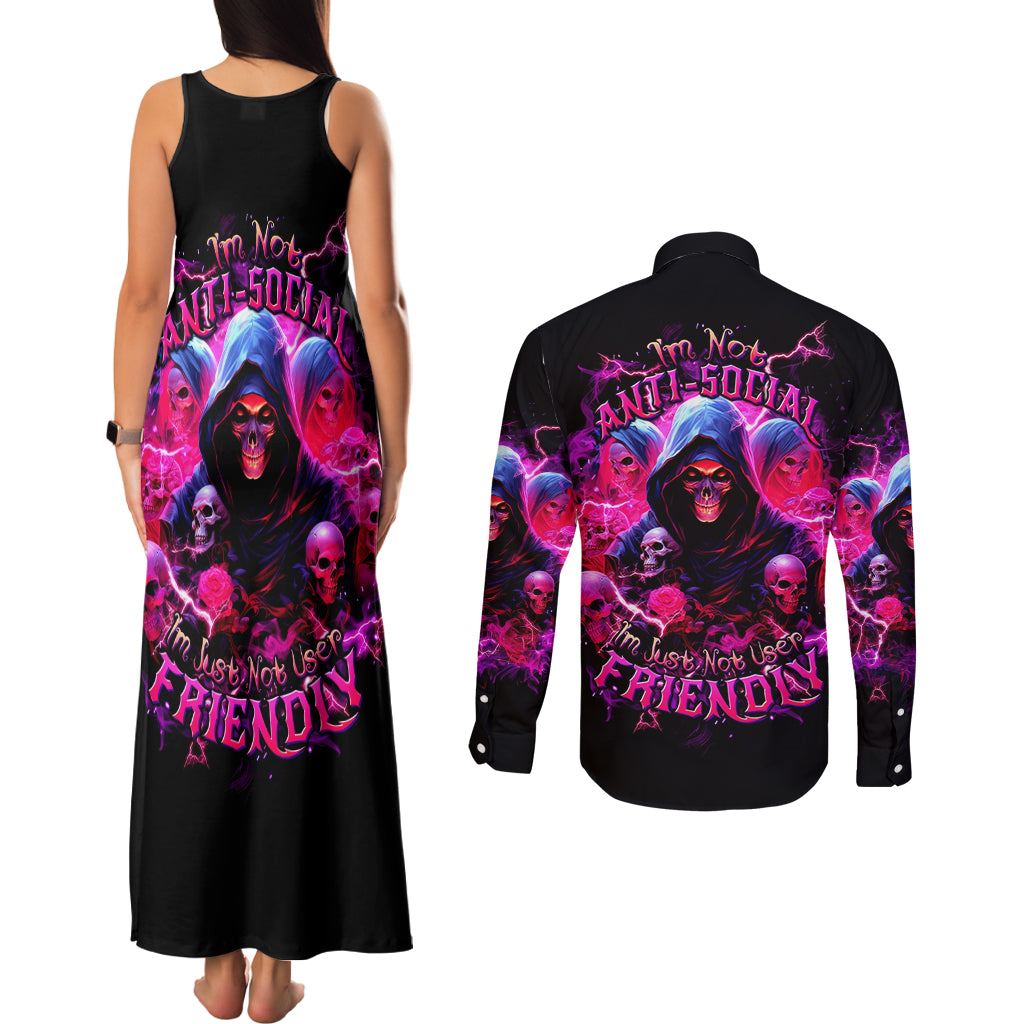 Witch Skull Couples Matching Tank Maxi Dress and Long Sleeve Button Shirt I'm Not Anti-Social I'm Just Not User Friendly - Wonder Print Shop