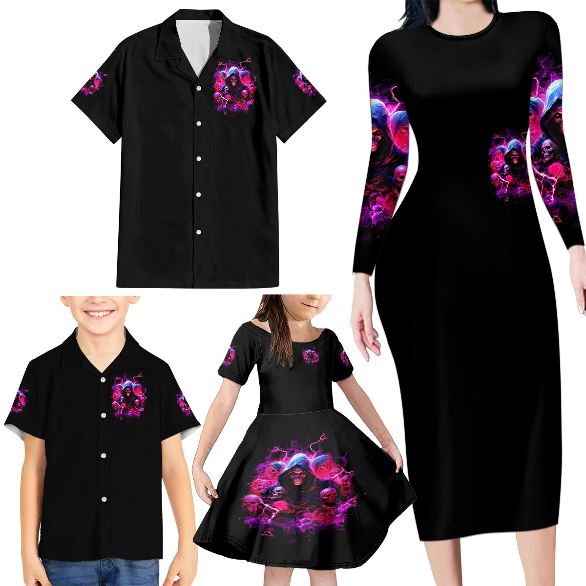 Witch Skull Family Matching Long Sleeve Bodycon Dress and Hawaiian Shirt I'm Not Anti-Social I'm Just Not User Friendly - Wonder Print Shop