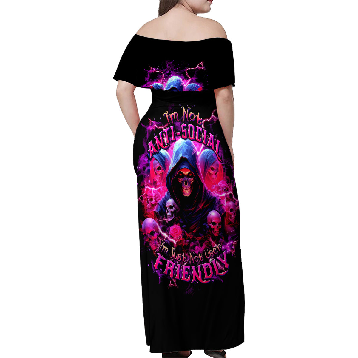 Witch Skull Family Matching Off Shoulder Maxi Dress and Hawaiian Shirt I'm Not Anti-Social I'm Just Not User Friendly - Wonder Print Shop