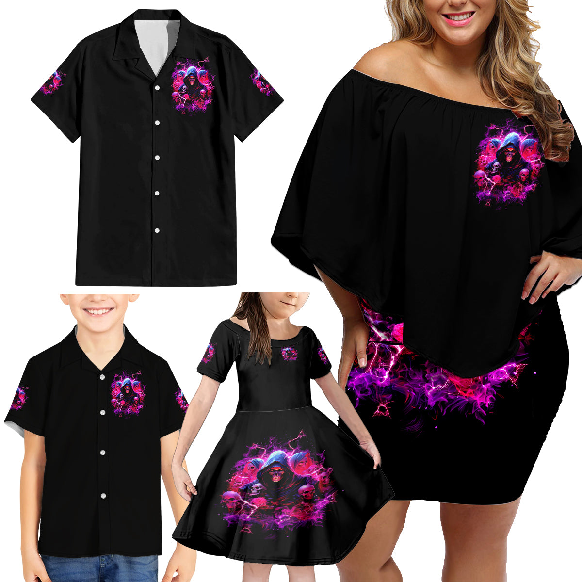 Witch Skull Family Matching Off Shoulder Short Dress and Hawaiian Shirt I'm Not Anti-Social I'm Just Not User Friendly - Wonder Print Shop