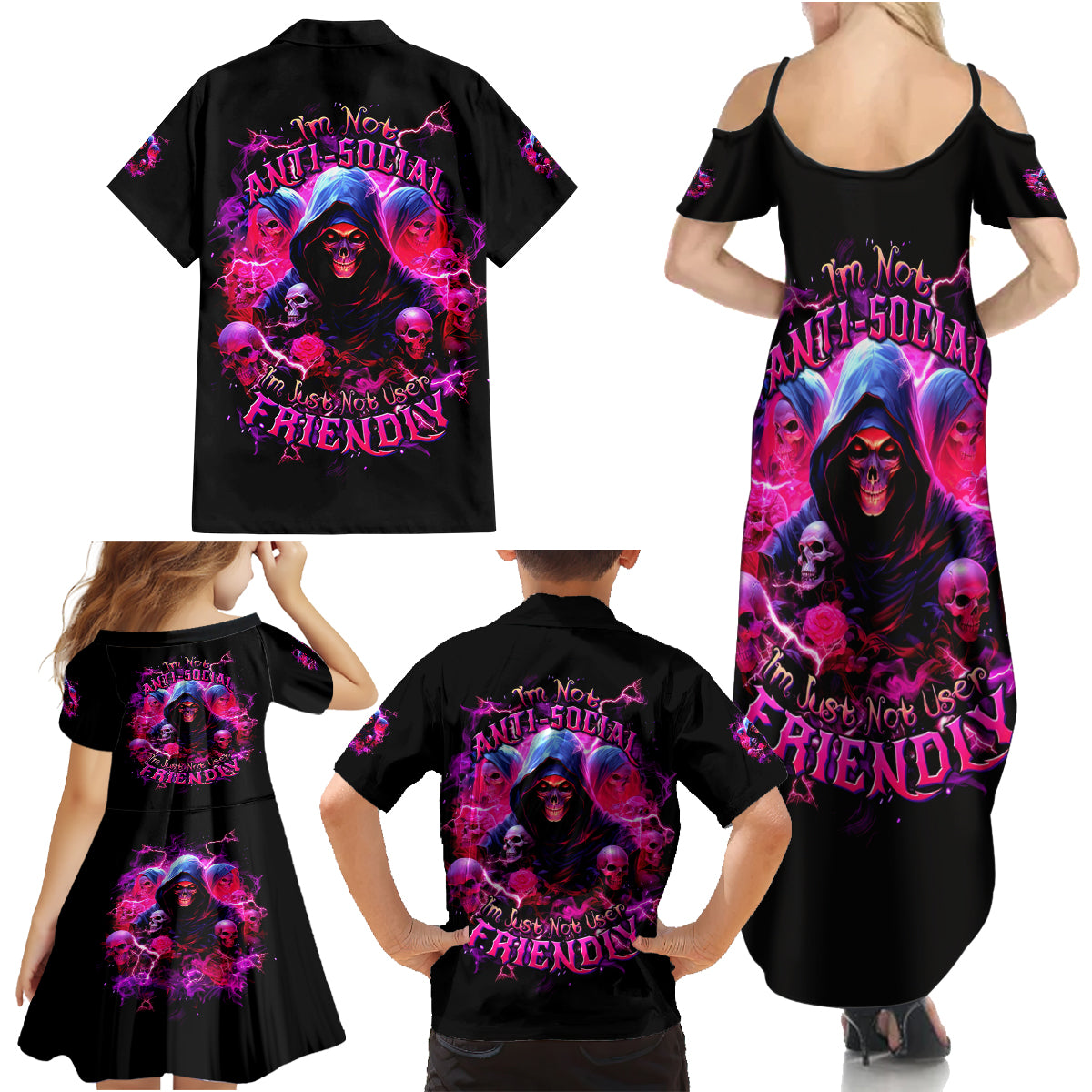 Witch Skull Family Matching Summer Maxi Dress and Hawaiian Shirt I'm Not Anti-Social I'm Just Not User Friendly - Wonder Print Shop