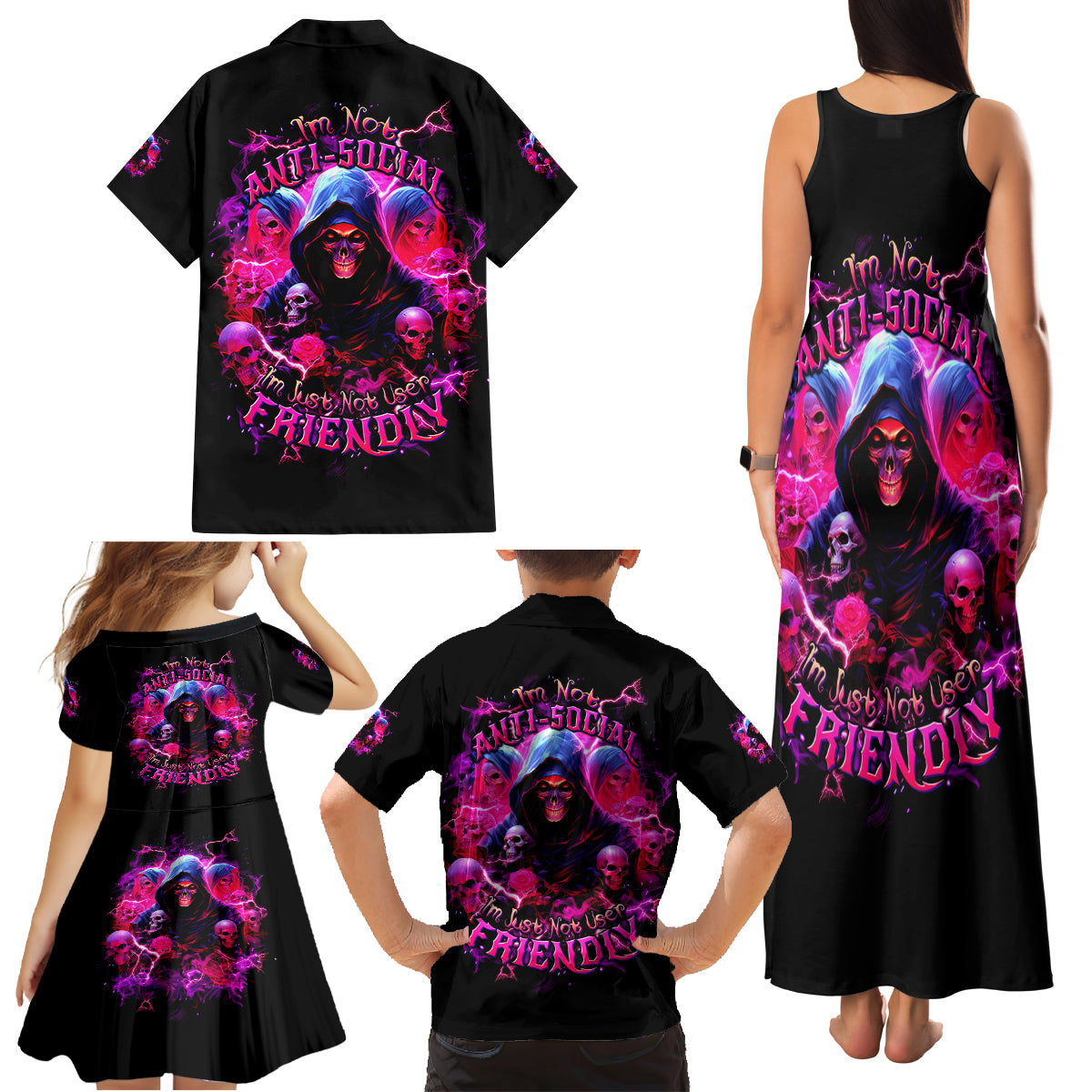 Witch Skull Family Matching Tank Maxi Dress and Hawaiian Shirt I'm Not Anti-Social I'm Just Not User Friendly - Wonder Print Shop